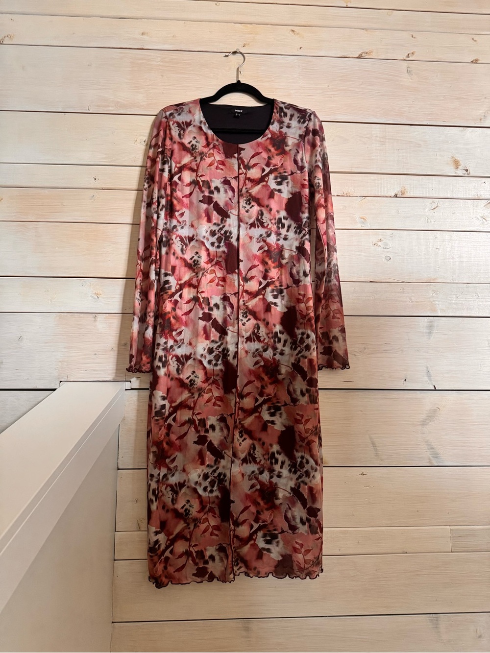 Mexx Long Floral Sheer Overlay Dress in Pink & Burgundy Colours and Lettuce Hem